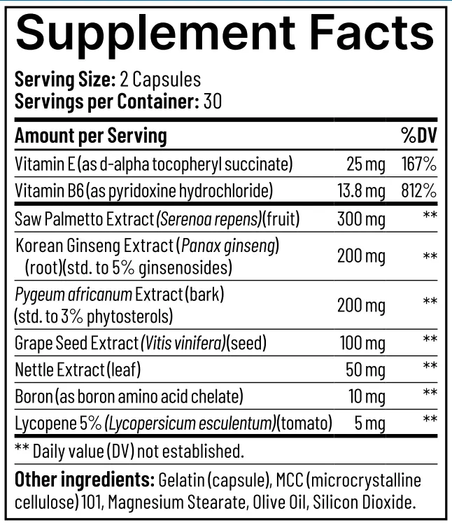 Youthful Prostate Supplement facts
